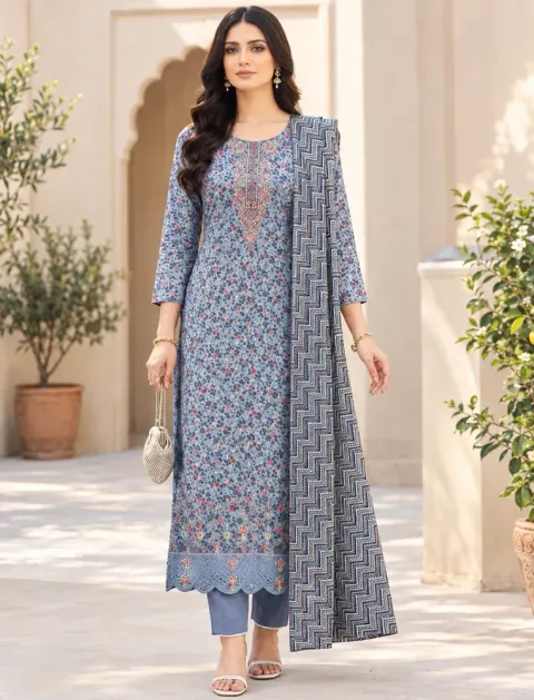 Denim Blue Soft Cotton Digital Print Embroidered & Sequin Work 3-Piece Salwar Kameez