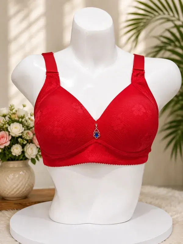 Red Front Closure Full Coverage Wide Strap Comfort Bra