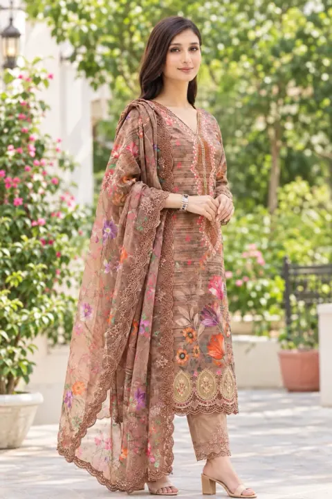 Coffee Brown Soft Cotton Digital Print Embroidered 3-Piece Salwar Kameez