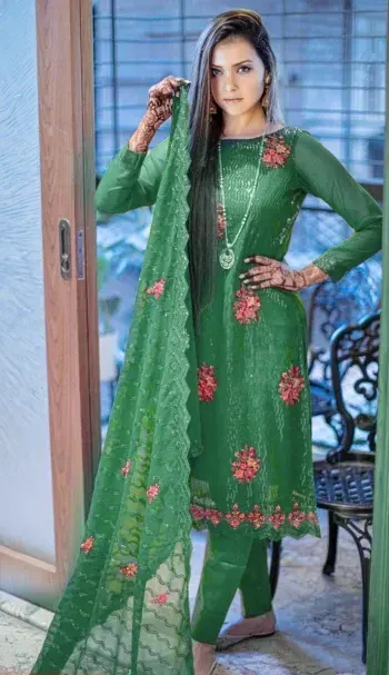 Green Luxury Embroidered Weightless Georgette 4-Piece Set for Women - Shopemart 1