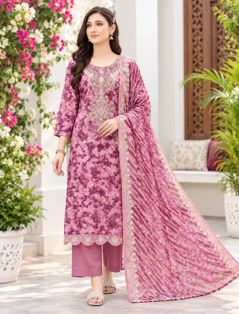 Magenta Soft Cotton Digital Print Embroidered 3-Piece Salwar Kameez