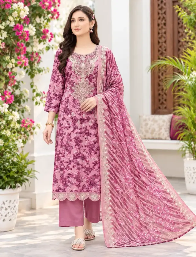 Magenta Soft Cotton Digital Print Embroidered 3-Piece Salwar Kameez