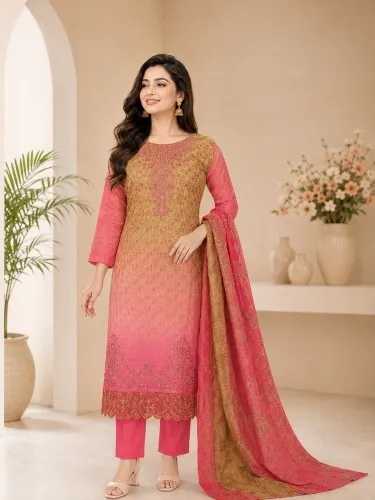 Pink Ombre Soft Cotton Digital Print Embroidered & Sequin Work 3-Piece Salwar Kameez