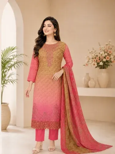 Pink Ombre Soft Cotton Digital Print Embroidered & Sequin Work 3-Piece Salwar Kameez
