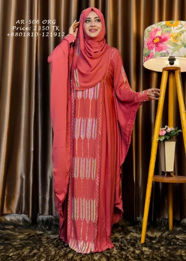 Orange Premium Abaya Borka with DMC Stone Work & Matching Hijab (Dubai Cherry Fabric)