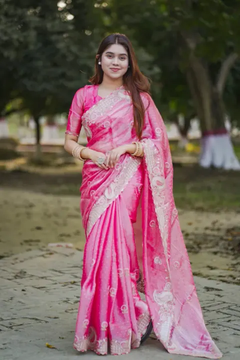 Luxury Designer Saree with Embroidery, Golden Zari & DMC Stone Work - Shopemart 1