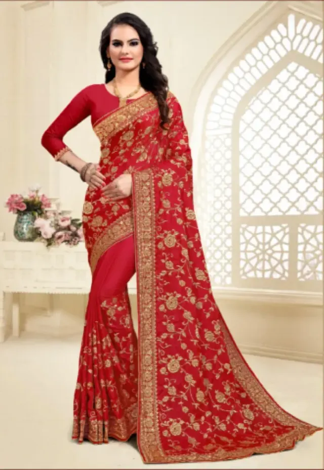 Luxury Red Georgette Saree with Golden Embroidery – Bridal & Festive Wear for Women in Bangladesh - Shopemart