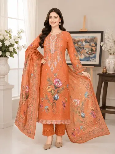 Orange Soft Cotton Digital Print Embroidered 3-Piece Salwar Kameez