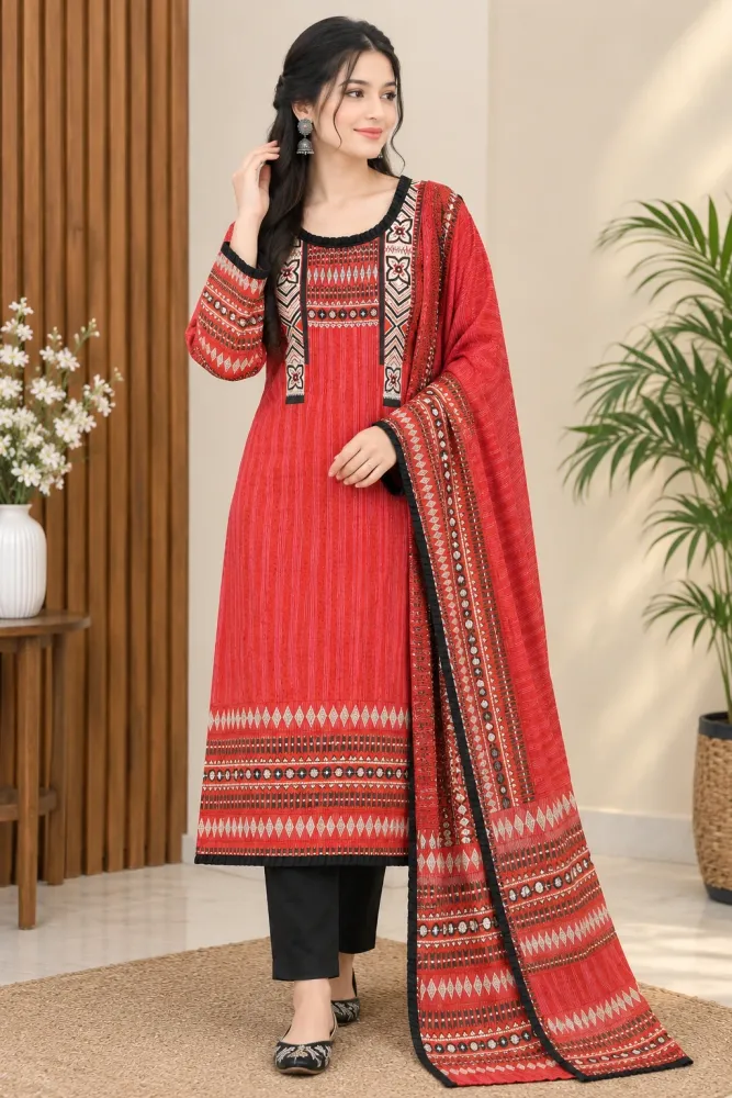 Red & Black Cotton Block Print Ready-Made 3-Piece Salwar Kameez