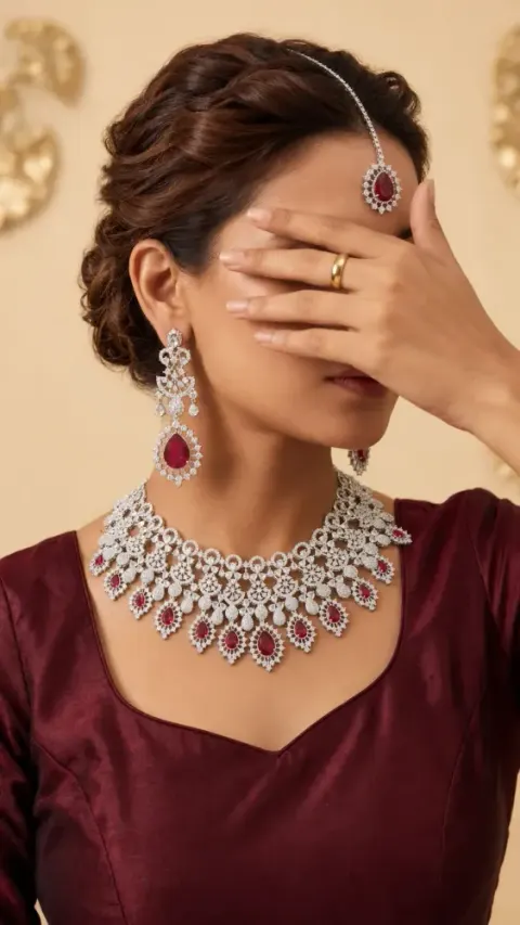 Premium Ruby Red Stone Bridal Necklace, Earrings & Maang Tikka Set