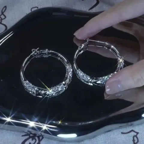 Silver Crystal Hoop Earrings -10139