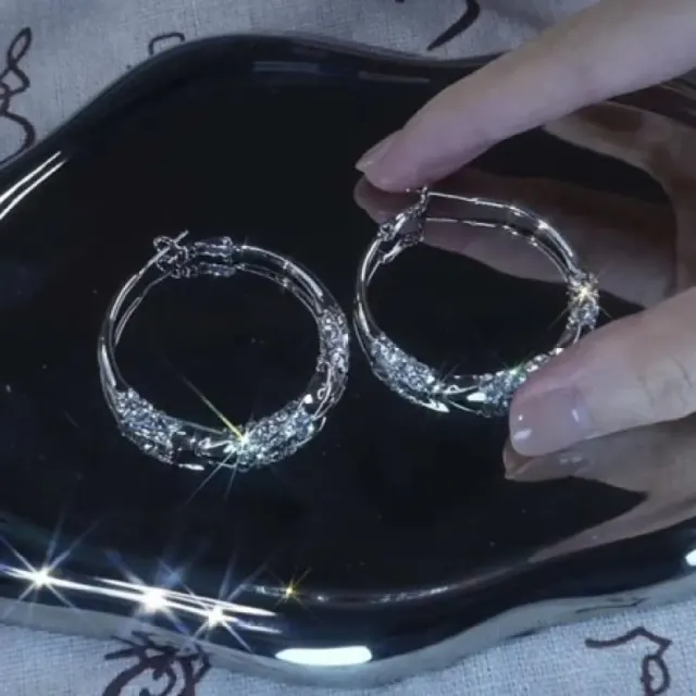 Silver Crystal Hoop Earrings -10139