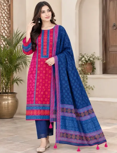 Pink & Royal Blue Cotton Block Print 3-Piece Salwar Kameez