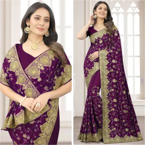 Georgette Embroidered Saree for Women S-4057-Pu