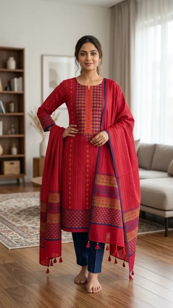 Crimson Red Cotton Block Print 3-Piece Salwar Kameez