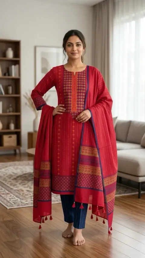 Crimson Red Cotton Block Print 3-Piece Salwar Kameez