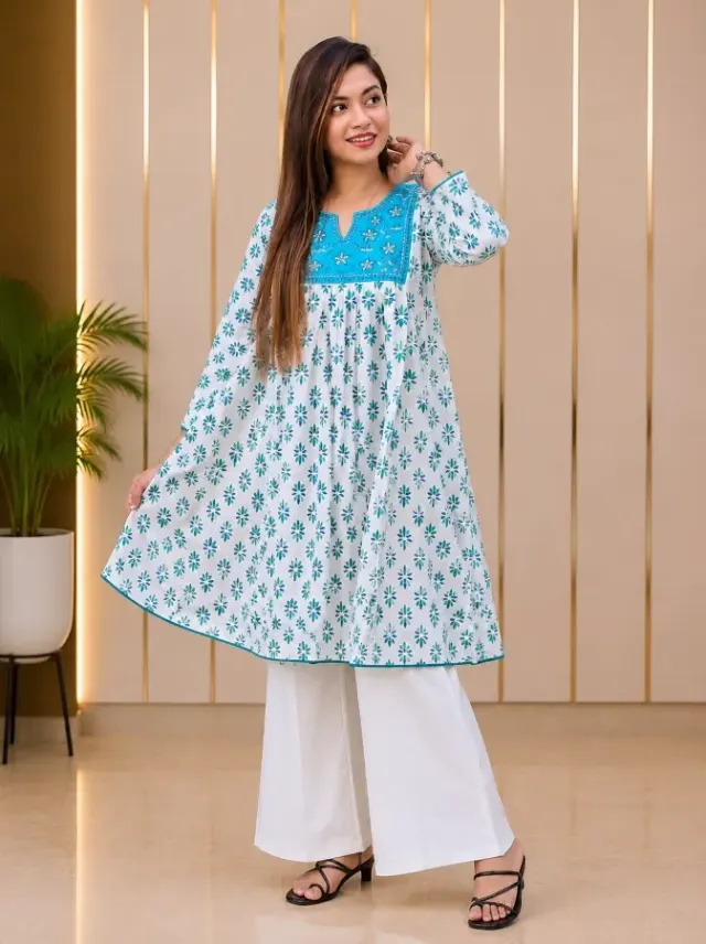 Embroidered Soft Aarong Cotton 1-Piece Anarkali Dress for Women - Shopemart