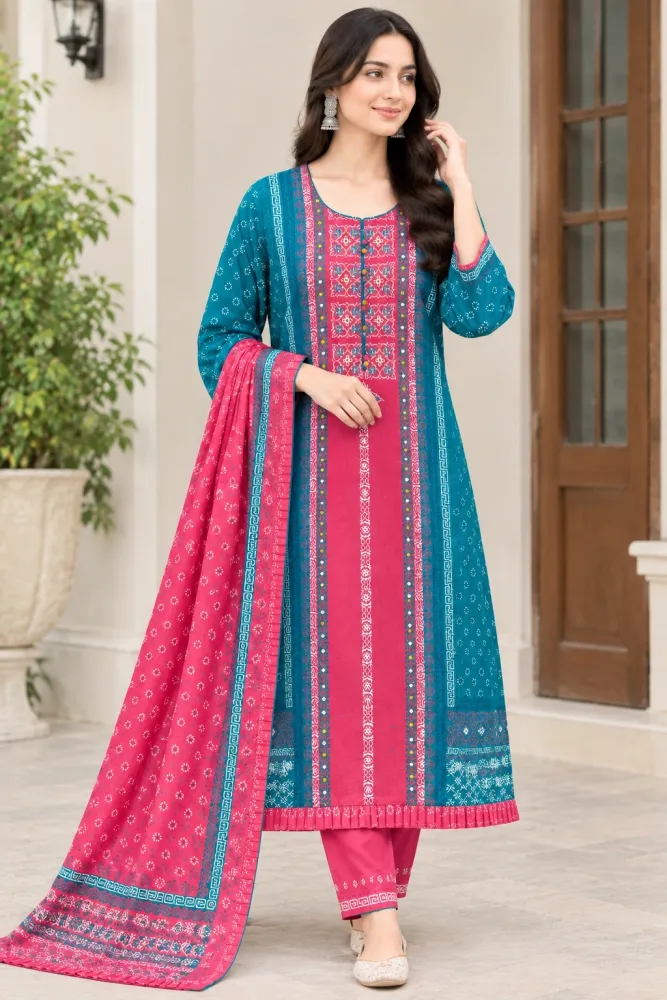 Teal & Pink Cotton Block Print Ready-Made 3-Piece Salwar Kameez