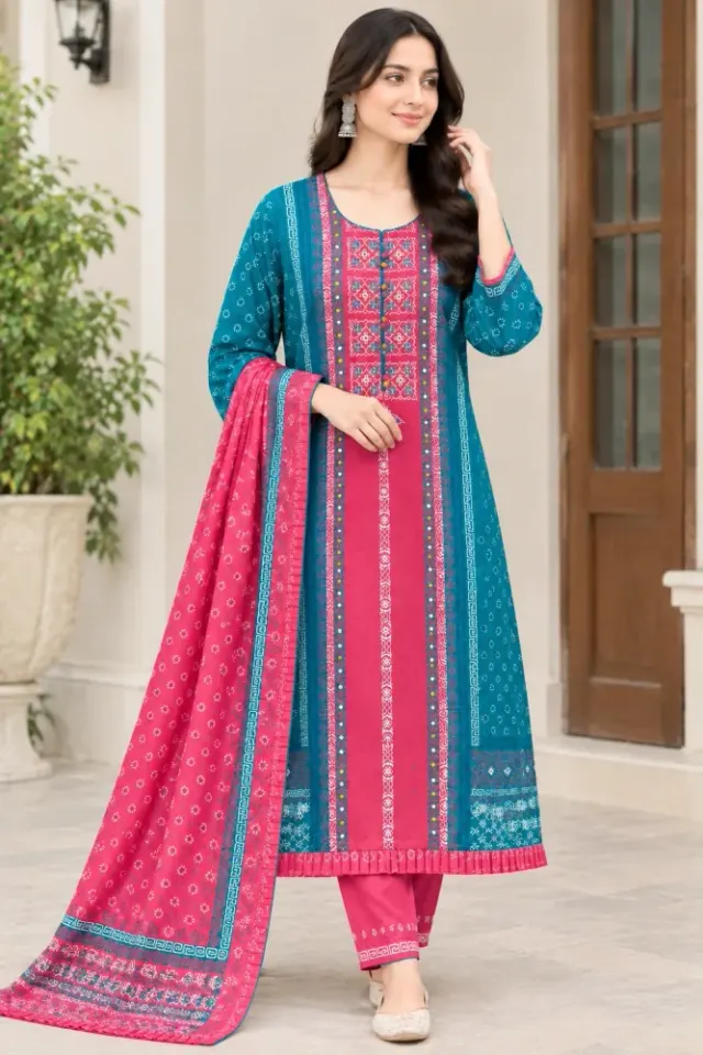 Teal & Pink Cotton Block Print Ready-Made 3-Piece Salwar Kameez