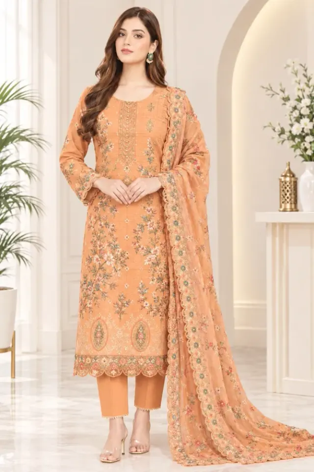 Apricot Orange Soft Cotton Digital Print Embroidered & Sequin Work 3-Piece Salwar Kameez