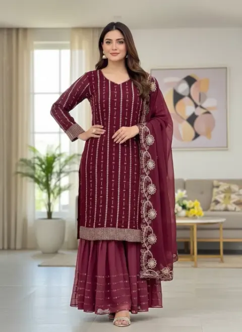 Embroidered Georgette Sharara Suit Set - Shopemart 1