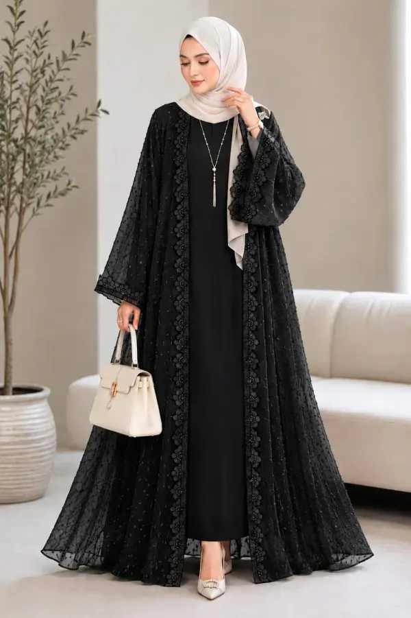 Black Premium Designer Two-Layer Abaya | Gota Georgette & Saffron Silk