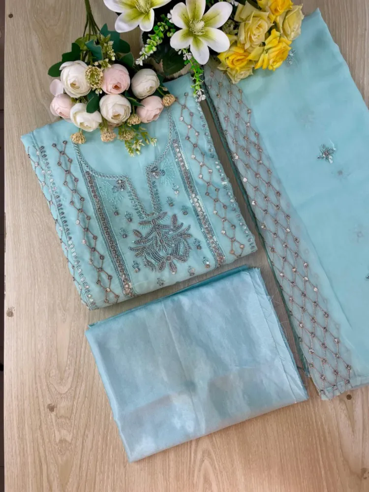 Powder Blue Embroidered Georgette Semi-Stitched Salwar Suit