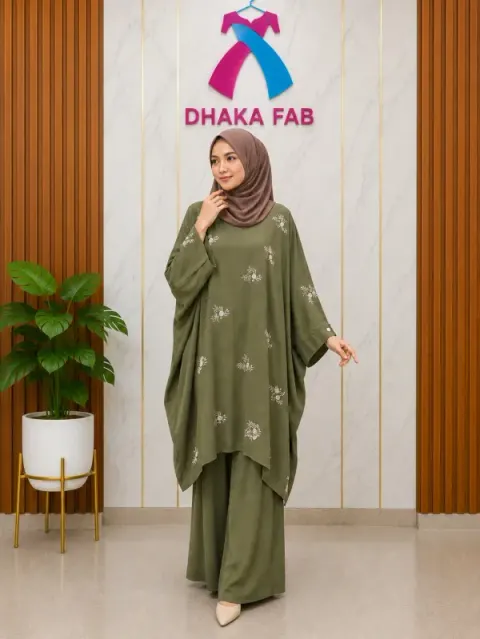 Olive Casual Embroidered Kaftan Set – Premium CEY Fabric