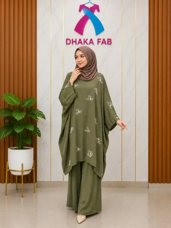 Olive Casual Embroidered Kaftan Set – Premium CEY Fabric