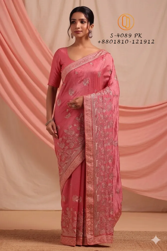 Rose Blush Gold Zari Embroidered Saree (রোজ ব্লাশ গোল্ড জরির কাজ করা শাড়ি) I - Shopemart 1
