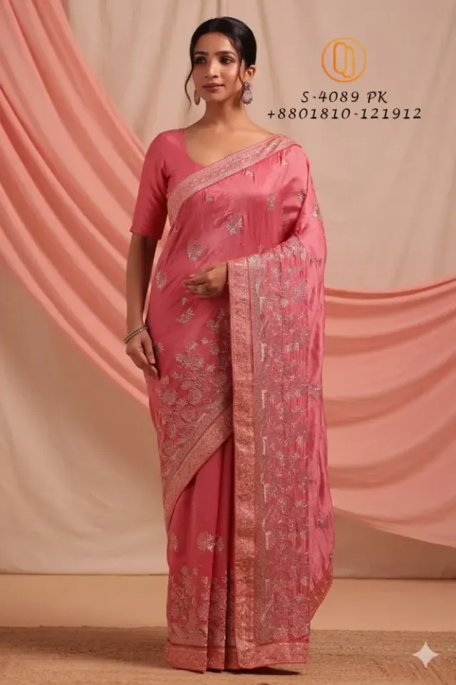 Rose Blush Gold Zari Embroidered Saree (রোজ ব্লাশ গোল্ড জরির কাজ করা শাড়ি) I - Shopemart 1