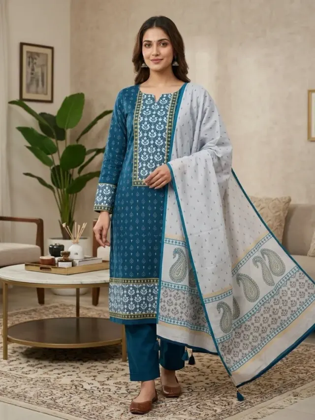 Teal & Grey Cotton Block Print 3-Piece Salwar Kameez