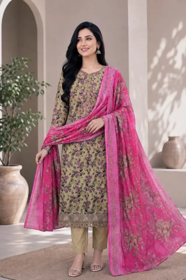 Khaki & Pink Soft Cotton Digital Print Embroidered & Sequin Work 3-Piece Salwar Kameez