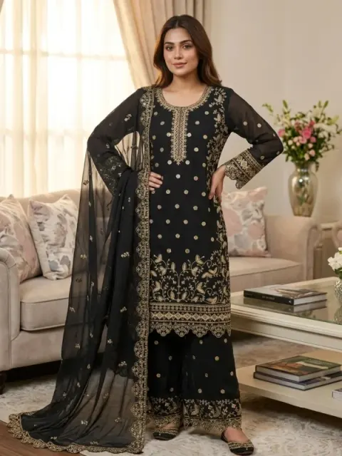Black Premium Embroidered Soft Georgette 4-Piece For Women