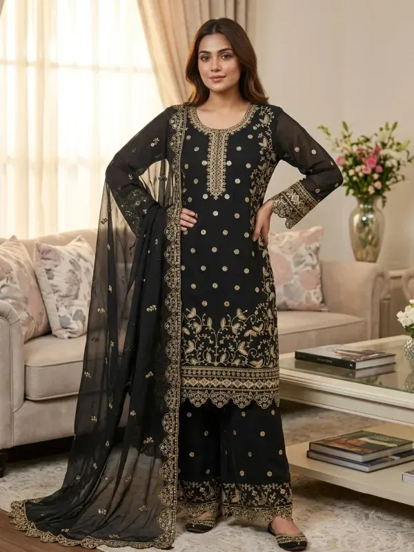 Black Premium Embroidered Soft Georgette 4-Piece For Women