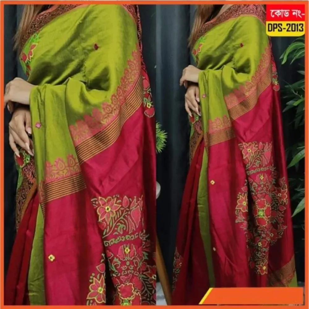 Parrot Green & Pink Dupion Silk Saree