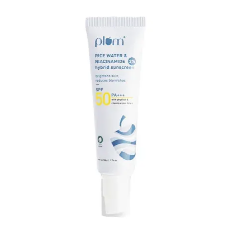 Plum Rice Water & Niacinamide 2% Hybrid Sunscreen SPF 50 PA+++ 50g — PLAM sunscreen