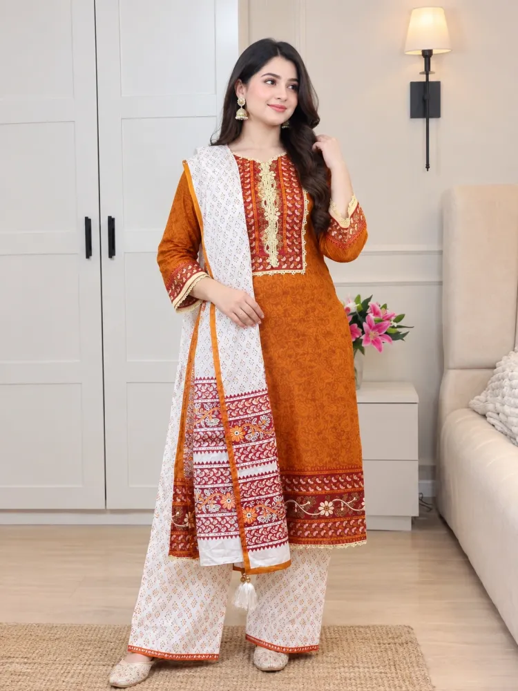 Rust Orange & White Cotton Block Print 3-Piece Salwar Kameez