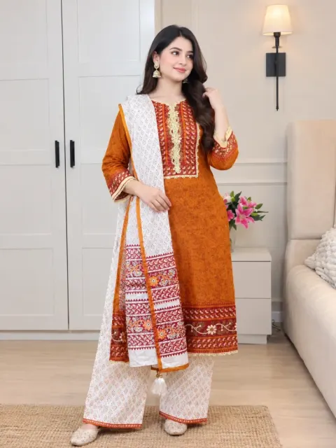 Rust Orange & White Cotton Block Print 3-Piece Salwar Kameez