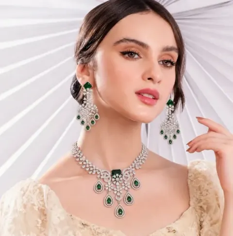 Green Premium Teardrop Stone Silver-Tone Necklace & Earrings Set