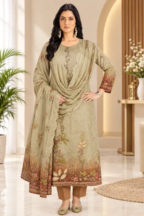 Sage Green Soft Cotton Digital Print Embroidered & Sequin Work 3-Piece Salwar Kameez