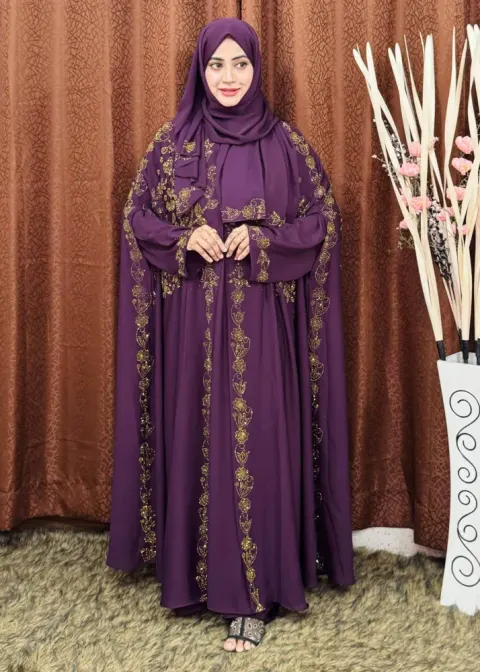 Premium Abaya Borka with DMC Stone Work & Matching Hijab (Dubai Cherry Fabric) - Shopemart 1