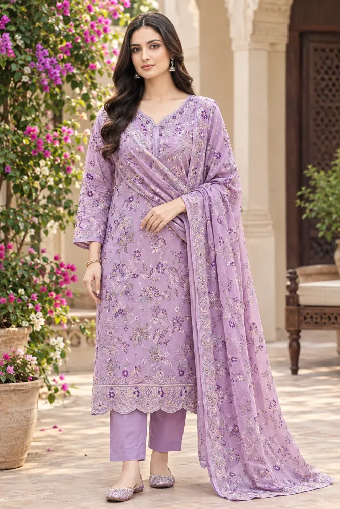 Lavender Soft Cotton Digital Print Embroidered 3-Piece Salwar Kameez