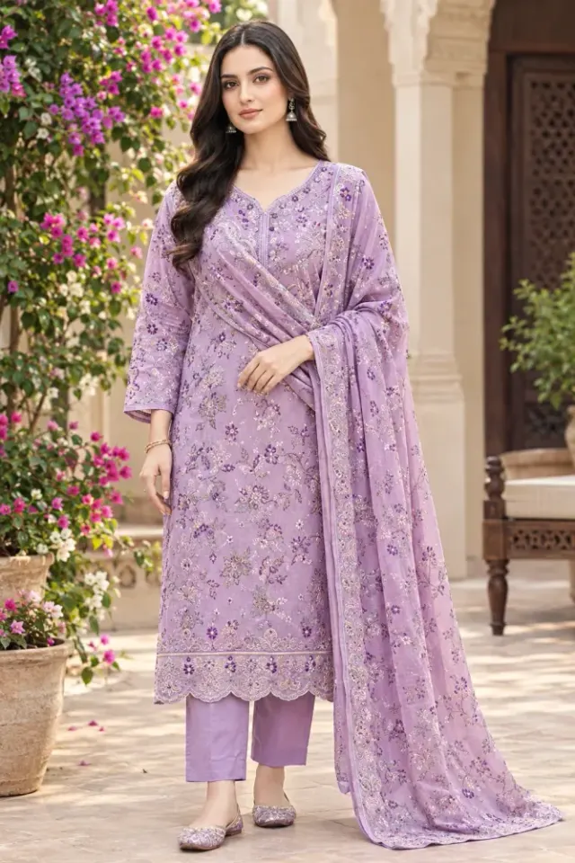 Lavender Soft Cotton Digital Print Embroidered 3-Piece Salwar Kameez