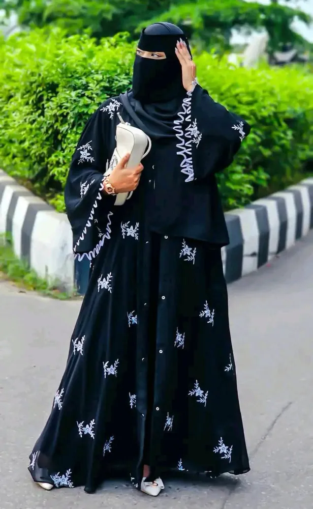 Premium Abaya Borka with DMC Stone Work & Matching Hijab (Dubai Cherry Fabric) - Shopemart 1