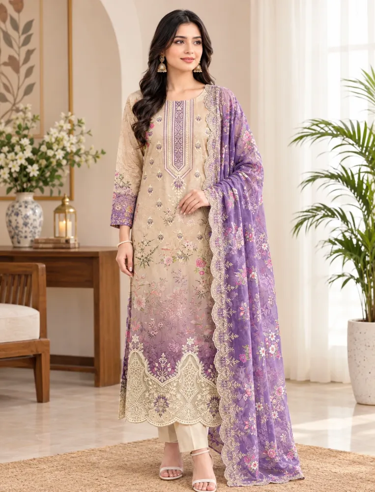 Cream & Purple Soft Cotton Digital Print Embroidered 3-Piece Salwar Kameez