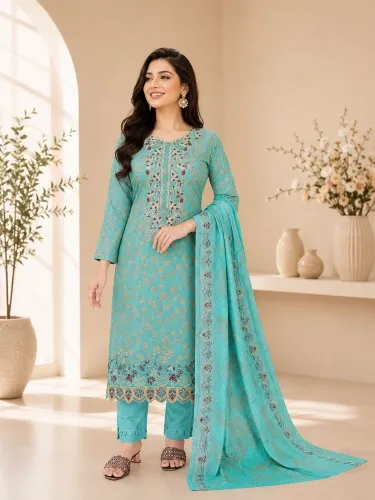 Turquoise Soft Cotton Digital Print Embroidered 3-Piece Salwar Kameez