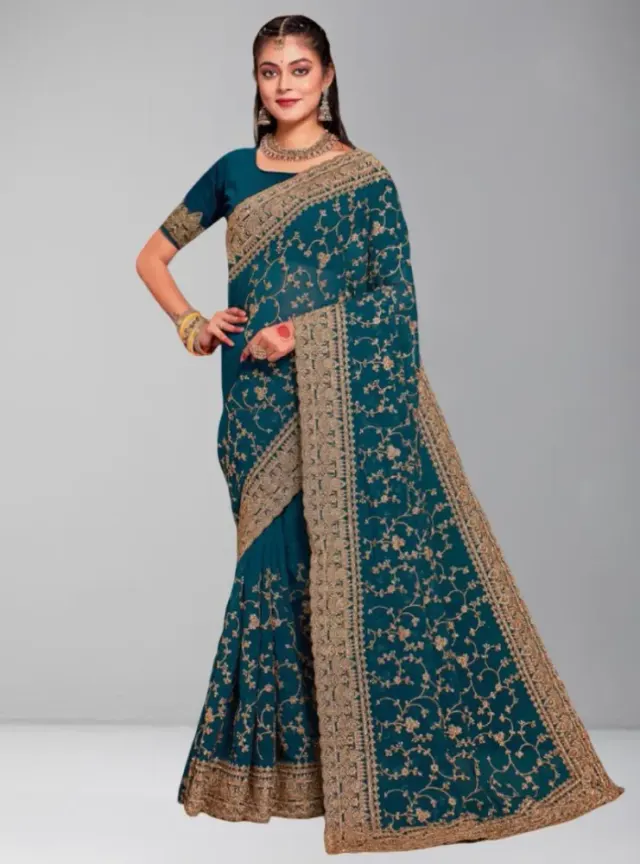 Luxury Designer Saree with Embroidery & Golden Zari Work - Shopemart 1