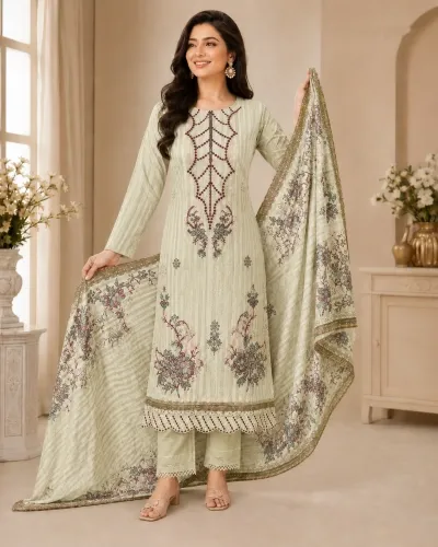 Pastel Green Soft Cotton Digital Print Embroidered 3-Piece Salwar Kameez