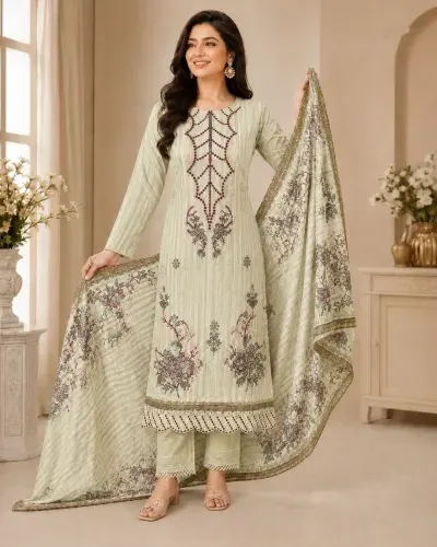 Pastel Green Soft Cotton Digital Print Embroidered 3-Piece Salwar Kameez
